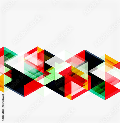 Abstract geometric design. Overlapping triangles create dynamic pattern, vibrant colors, modern aesthetic. Clean background enhances visual impact.
