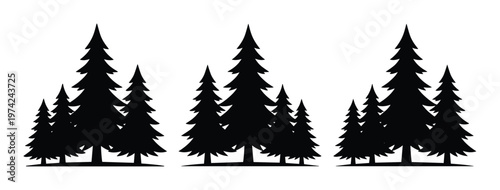 Black pine tree silhouettes, evergreen forest vector set, minimalist coniferous woodland icons for outdoor adventure and nature branding