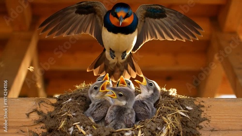 Bird feeding chicks in nest wooden roof