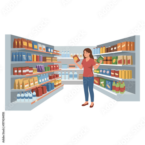 Woman shopping for food products in a grocery store aisle comparing items.