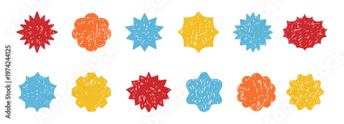 Starburst labels, price colorful tags crayon scribble texture, discount badge set. Sale circle sticker. Wavy, scallop edge promo blank. 