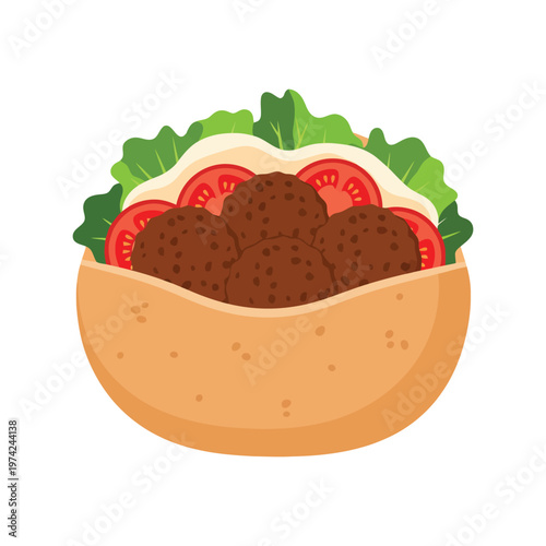 Falafel pita sandwich with vegetables vector illustration for Middle Eastern food design