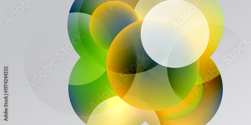 Abstract circles overlap, creating vibrant color blends. Soft gradients suggest light, depth, modern design. Minimalist composition.