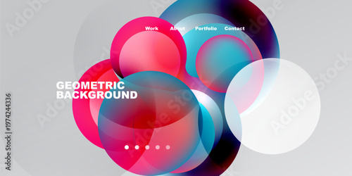 Abstract design features overlapping colorful circles. Text includes geometric background, plus navigation options work, about, portfolio, contact.