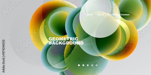 Abstract circles overlap, creating vibrant color gradients. Text labels present portfolio information on top. Dark background enhances visual impact.