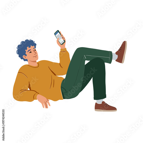Man reclines on floor while browsing phone with relaxed posture and casual clothes