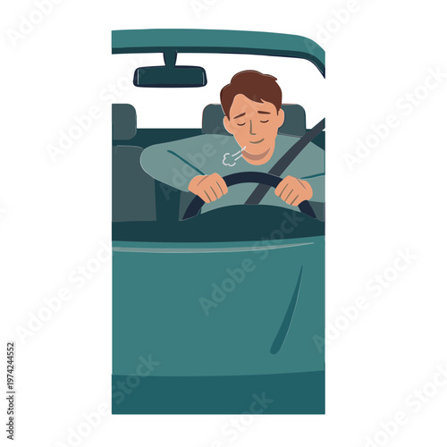 Man driving car with eyes closed relaxing on road trip.