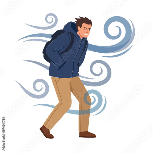 Man wearing backpack walks through strong windy weather conditions outside