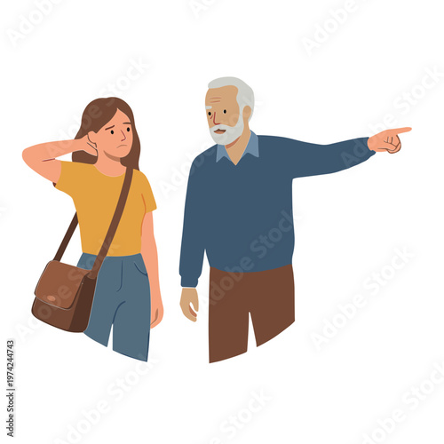 An older man points while a young woman looks on in a casual setting.