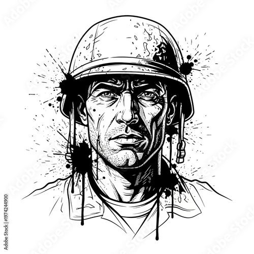 Gritty Soldier Portrait, War-Torn Helmet, Black Ink Splatter Art
