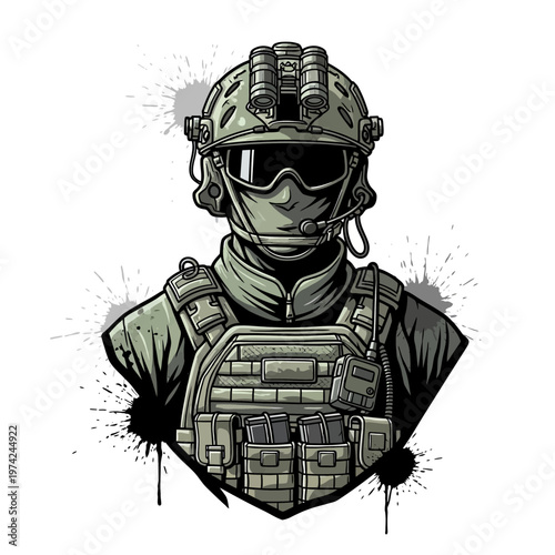 Modern Soldier Portrait, Tactical Gear, Helmet, Night Vision, Combat Vest, Military