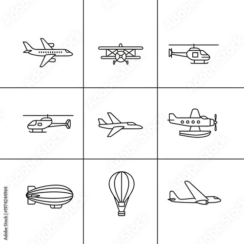 Set of 9 Air Transport Icons: Airplanes, Helicopters, Blimp, Hot Air Balloon, Seaplane