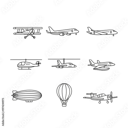 Set of aircraft icons: biplane, jet, helicopter, seaplane, blimp, hot air balloon, propeller plane