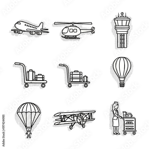 Set of aviation and travel icons: airplane, helicopter, control tower, luggage, hot air balloon, parachute, biplane, flight attendant