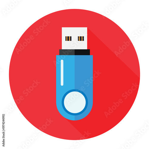 A blue usb flash drive on a red circle background with a white border