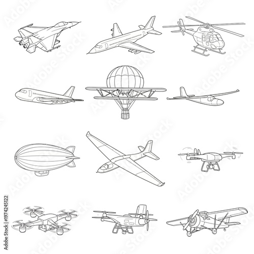 Collection of diverse aircraft and aerial vehicles, line art illustrations