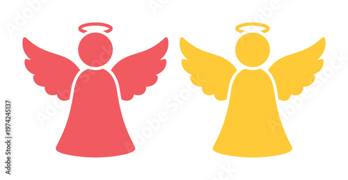 Minimalist angel silhouettes with wings and halos, red and yellow heavenly spirit icons, flat vector illustration for religious and holiday design