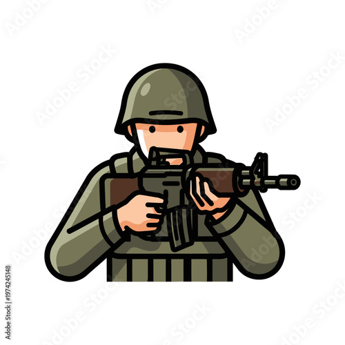 Soldier holding assault rifle, military uniform, focused expression, ready for action