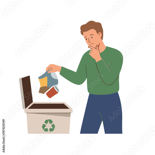 Man putting cartons into recycling bin thoughtfully indoors