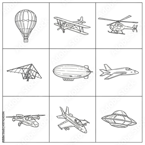 Collection of diverse aircraft and flying vehicles, outline drawings on white background