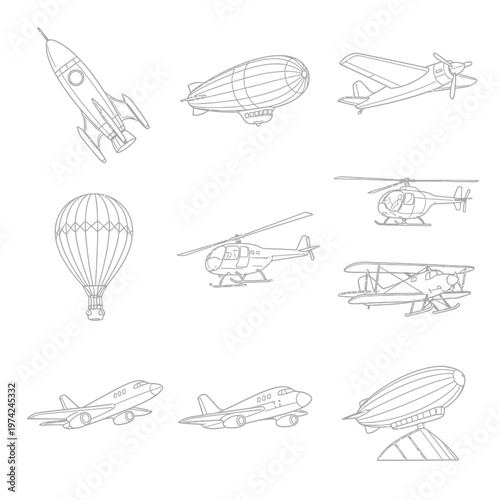 Collection of Vintage and Modern Aircraft Icons: Airplanes, Helicopters, Rocket, Blimp, Hot Air Balloon