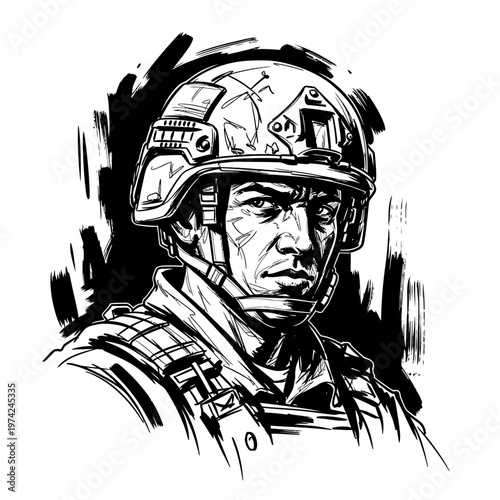 Soldier Portrait, Military Helmet, Determined Face, Black and White Sketch Style
