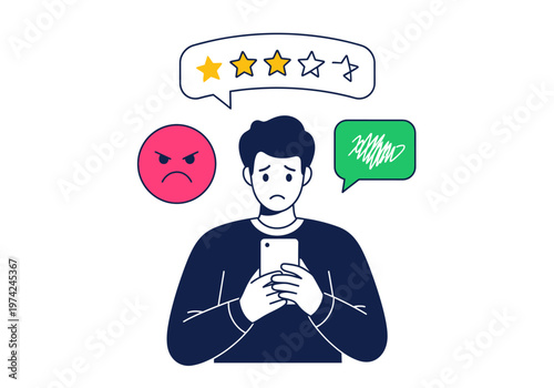 Unhappy Customer with Low Star Rating and Negative Online Reviews Flat Vector Illustration