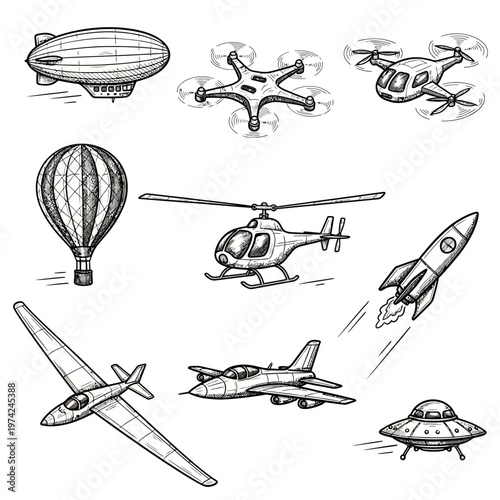 Diverse Aircraft Collection: From Blimps to UFOs, a Vintage Sketch of Aviation and Spacecraft