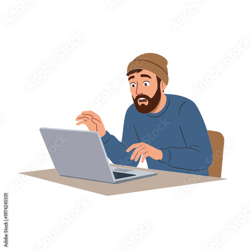 Man sitting at desk working on laptop with shocked expression indoors