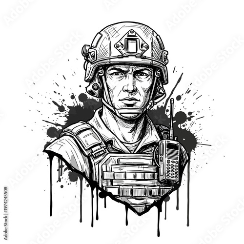 Soldier Portrait, Military Helmet, Tactical Vest, Radio, Ink Splatter Background