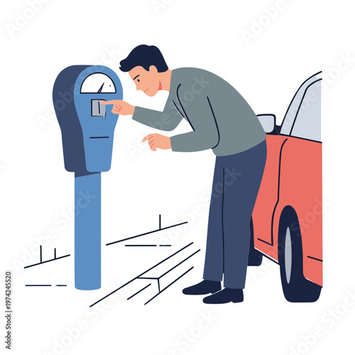 Man inserting ticket into parking meter next to red car on street
