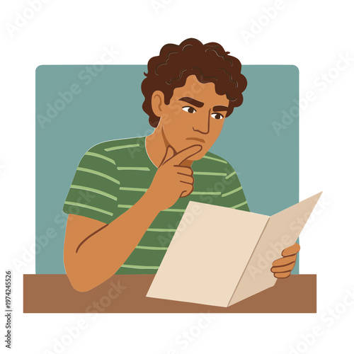 A man in a green striped shirt looks puzzled while reading a document.