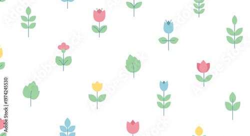 Minimalist floral seamless pattern, pastel spring flower background vector, cute botanical wallpaper with tiny tulips and leaves on white