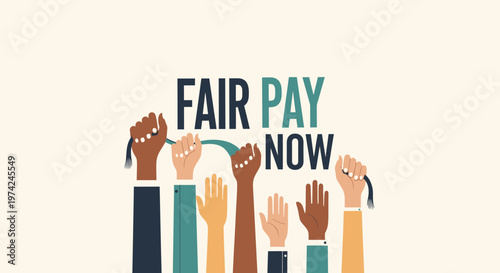Fair Pay Now typography with diverse raised hands, equal salary protest concept, social justice and labor rights vector illustration