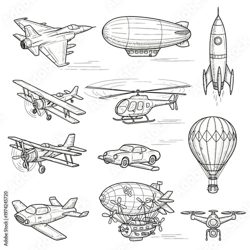 Vintage and Modern Aircraft Collection: Airplanes, Blimp, Helicopter, Rocket, Drone, Hot Air Balloon