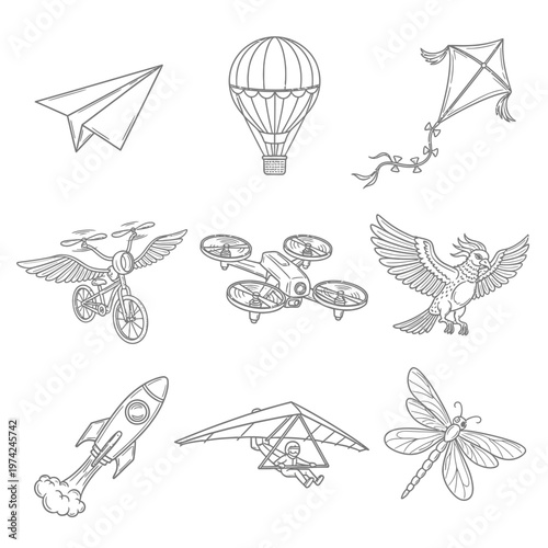 Whimsical Collection of Flying Machines and Creatures: From Paper Planes to Dragons