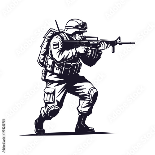 Soldier aiming assault rifle, tactical gear, combat stance, military action illustration