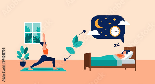Healthy Lifestyle Concept with Yoga and Sleep for Better Wellbeing. Vector Illustration of Exercise and Quality Rest Connection.