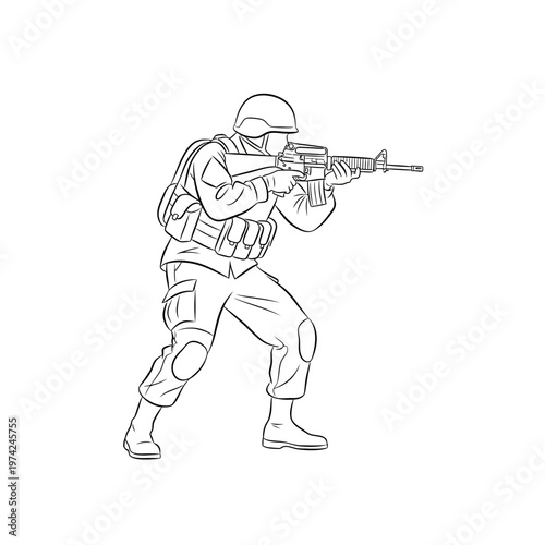 Soldier aiming assault rifle, tactical gear, combat stance, military action illustration