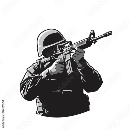 Soldier aiming assault rifle, tactical gear, helmet, military, combat, action, focus, aiming weapon