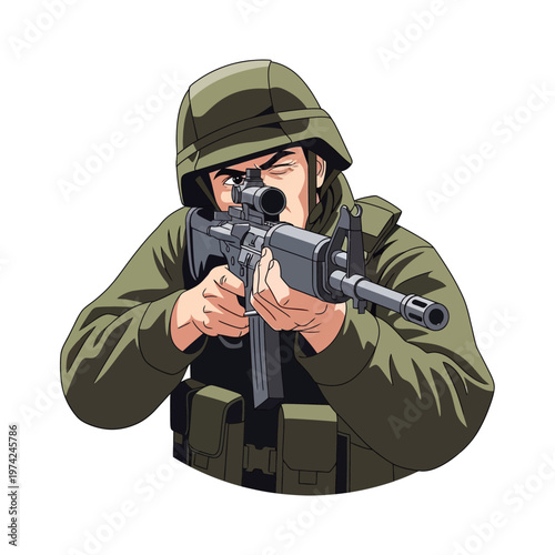 Soldier Aiming Rifle with Scope, Military Action, Tactical Gear, Focused Soldier