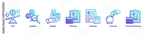 Cost Strategy web banner icon vector illustration with icons of Cost,Analysis,Budget,Planning,Estimate,Forecast and Financial Planning
