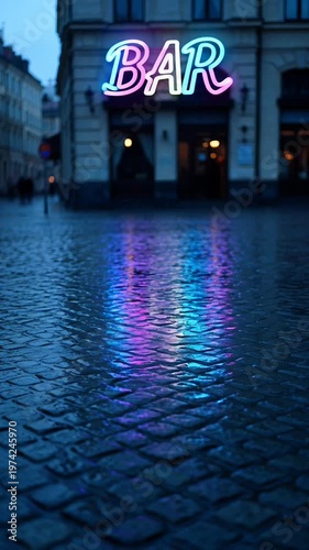 Neon bar lights reflecting on wet city street at night
