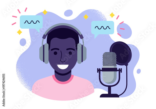 Flat Illustration of a Black Man Podcaster Recording with Microphone and Headphones