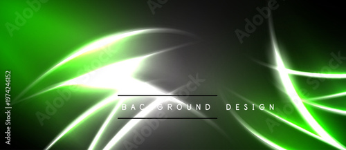 Bright green, white lines create dynamic abstract background. Dark areas contrast vivid illumination, modern design element.