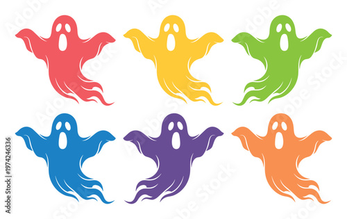 Colorful Halloween ghost icons set, 6 spooky flying phantom silhouettes, vibrant flat vector spirits for holiday party decor and graphic design