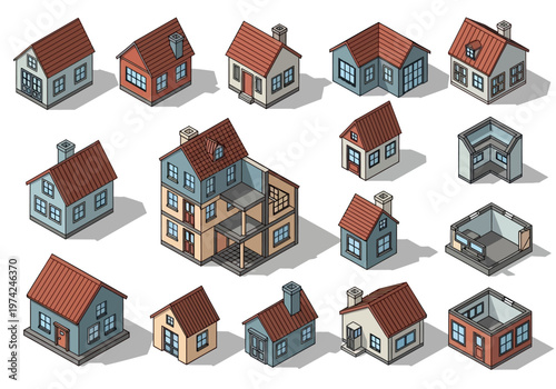 Isometric House and Building Illustration Set for Urban Planning and Architecture Design - Collection of 3D Home Construction Elements on White Background
