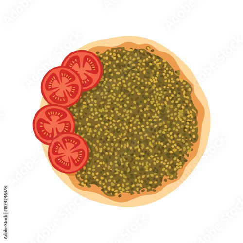 Middle Eastern Manakish Zaatar Flatbread with Tomato Slices Vector Illustration