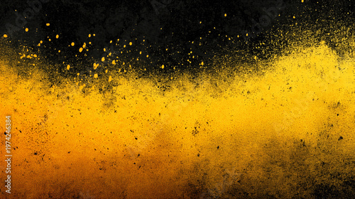 Abstract Yellow Dust Explosion on Dark Background, Golden Powder Particles Cloud, Dramatic Energy Burst Texture, Artistic Grunge Background for Design