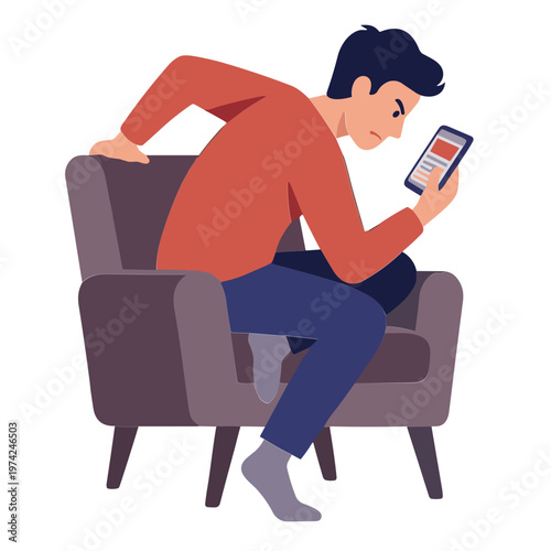 Man sitting on chair looking at smartphone with concern